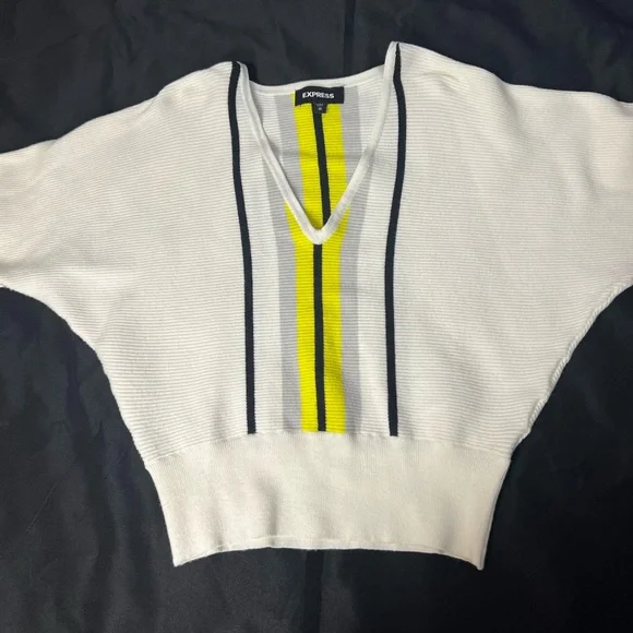 EXPRESS White V-Neck Bat Sleeve Sweater with HighLighter Yellow and Grey Stripe - Picture 3 of 4